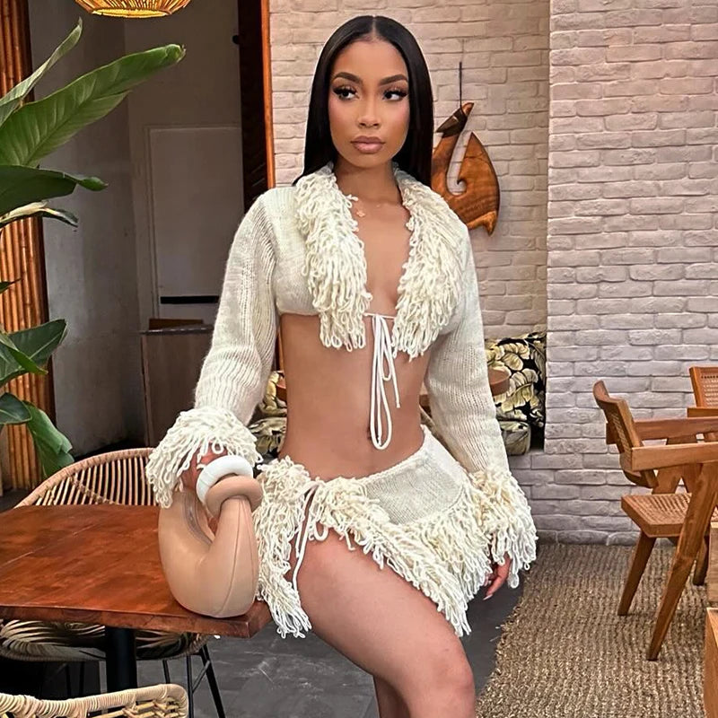 French Knit Sexy Set Tie Cardigan Long Sleeve Navel Top