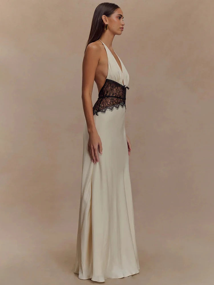 Lace Halter Backless Maxi Dress