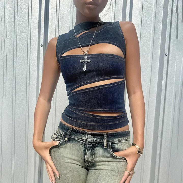 Sleeveless  Denim Round Neck Top