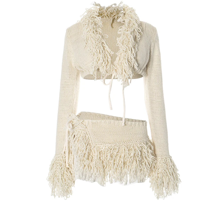French Knit Sexy Set Tie Cardigan Long Sleeve Navel Top