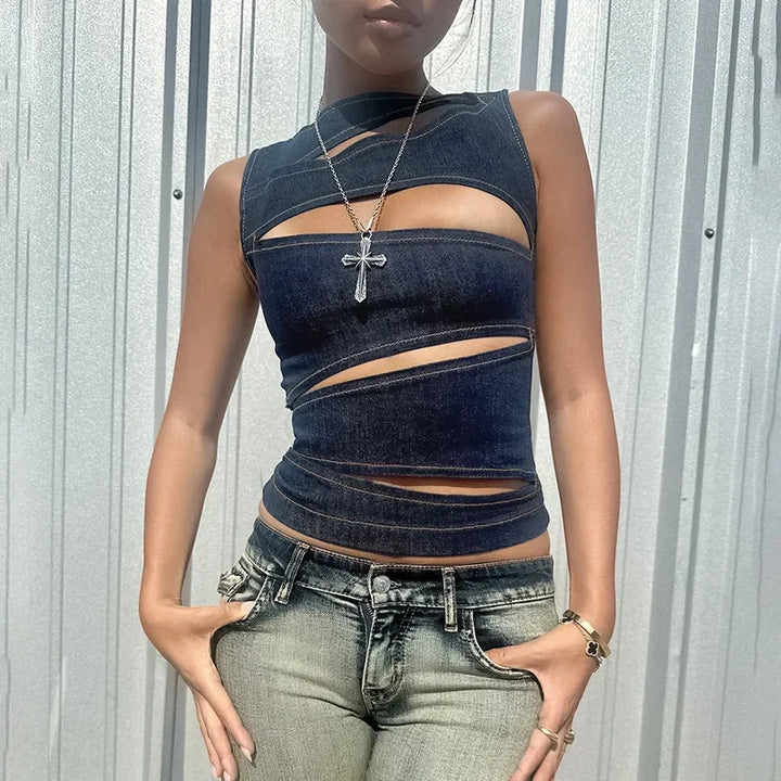 Sleeveless  Denim Round Neck Top
