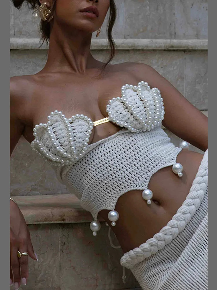 Knitted Pearl Skirt Set Women