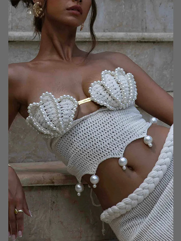 Knitted Pearl Skirt Set Women