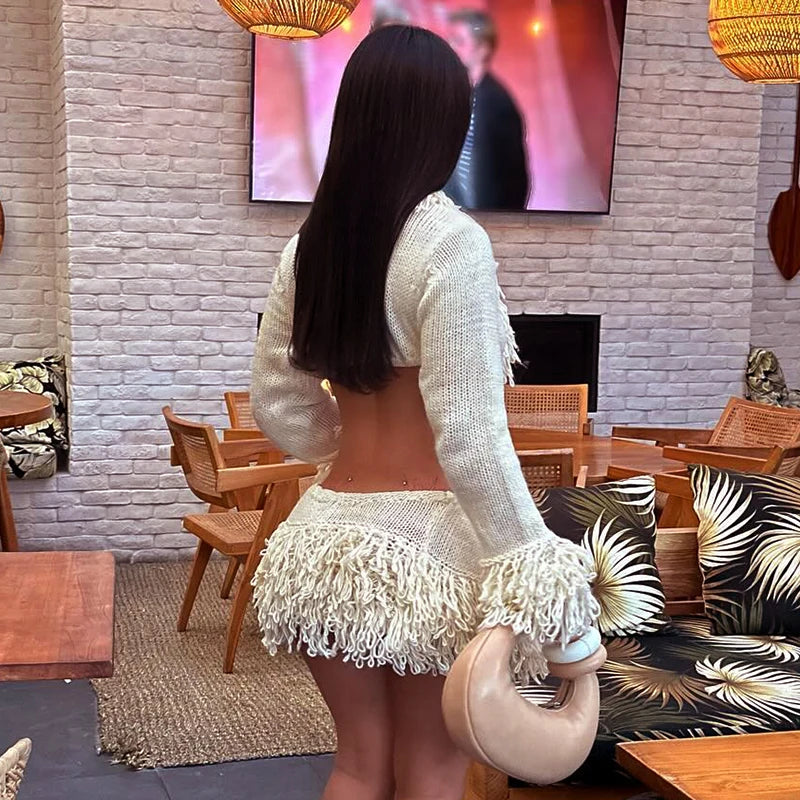 French Knit Sexy Set Tie Cardigan Long Sleeve Navel Top