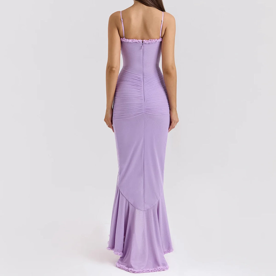 Elegant Sheer Mesh Ruffled Gown