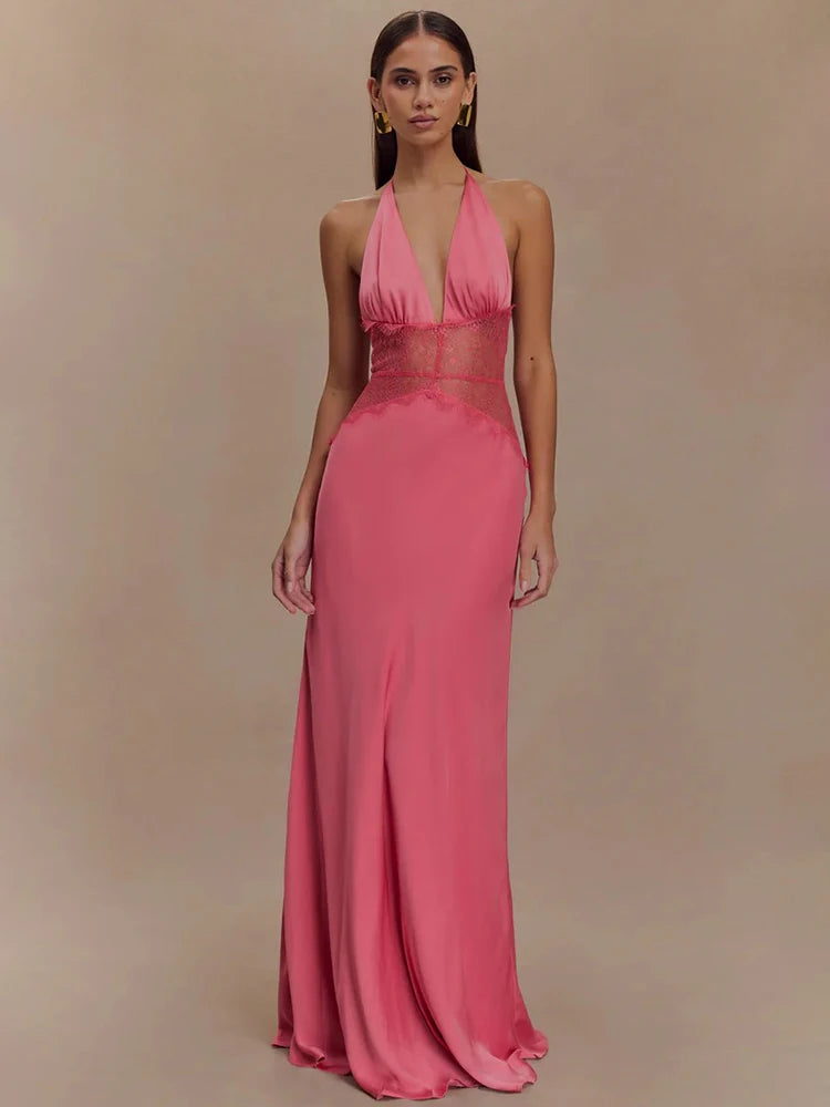 Lace Halter Backless Maxi Dress