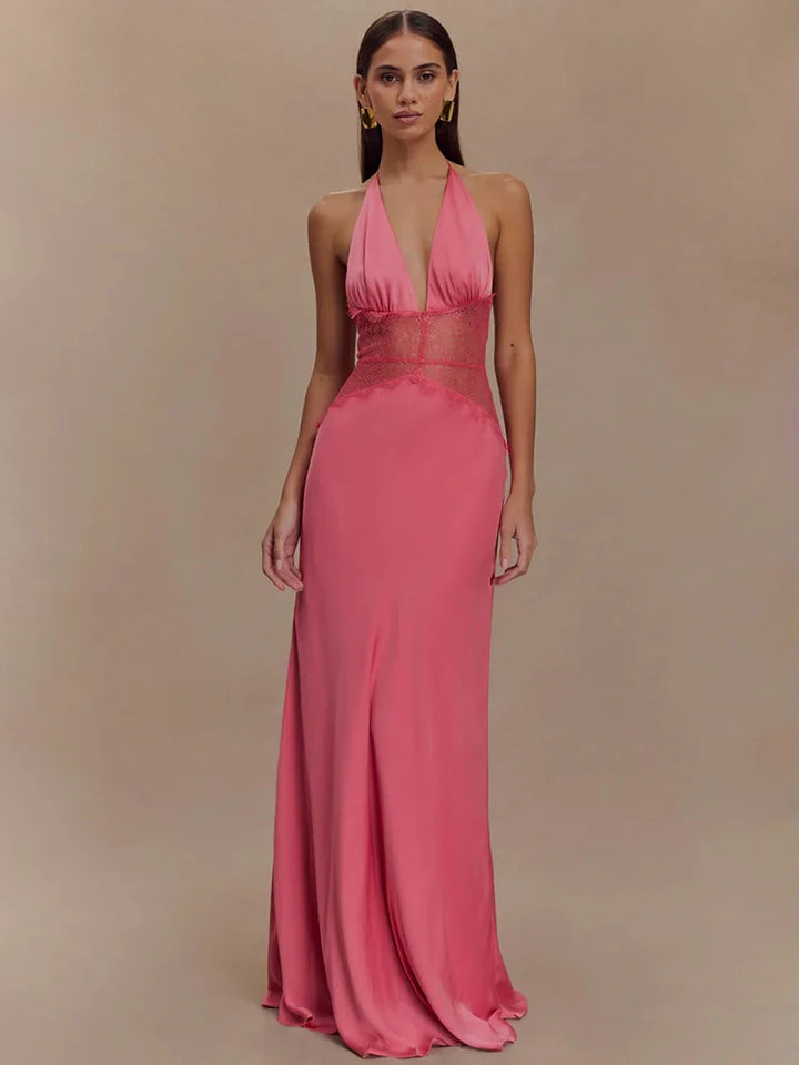 Lace Halter Backless Maxi Dress
