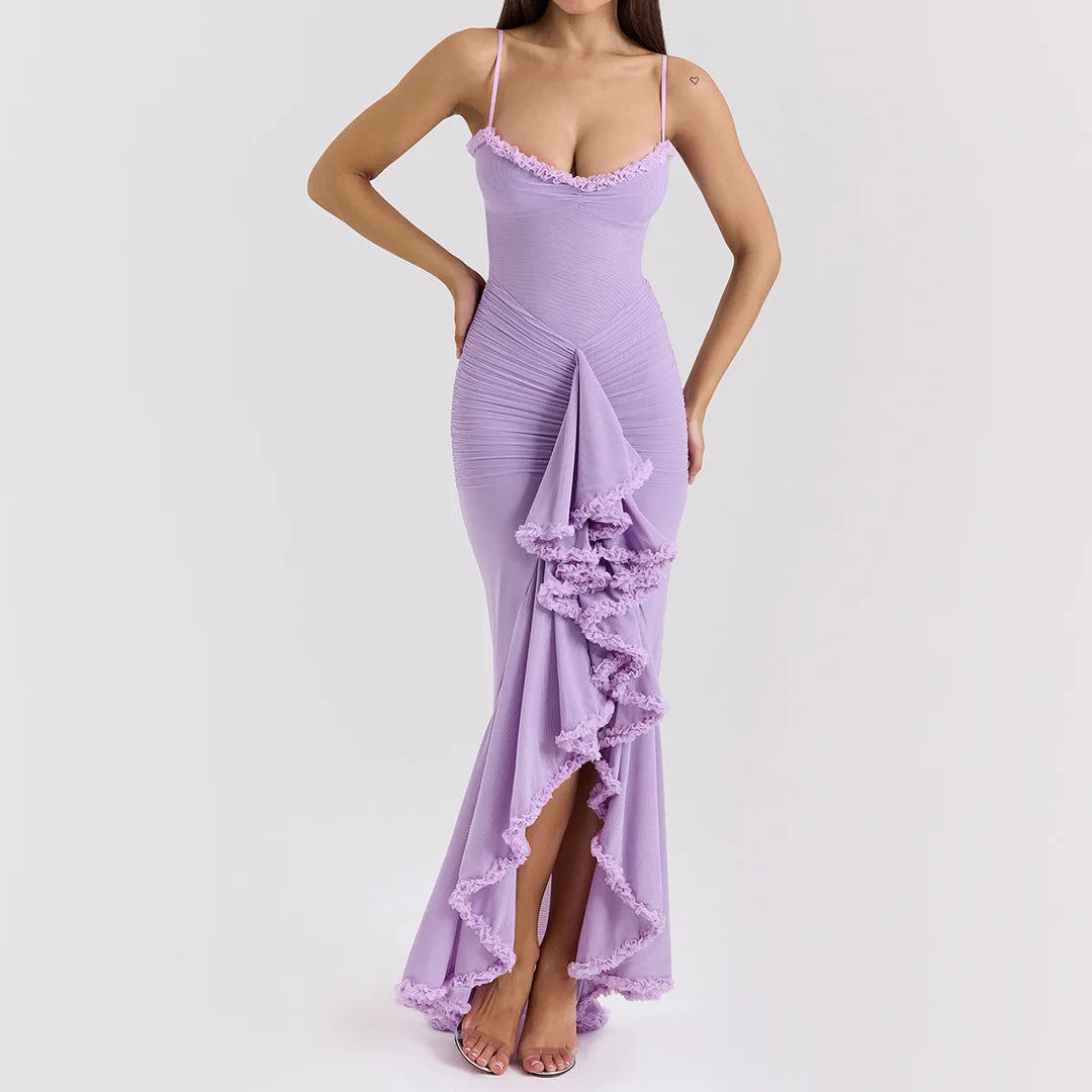 Elegant Sheer Mesh Ruffled Gown