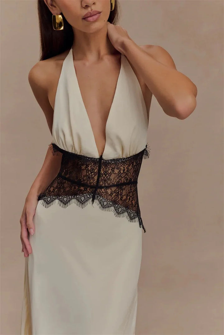 Lace Halter Backless Maxi Dress