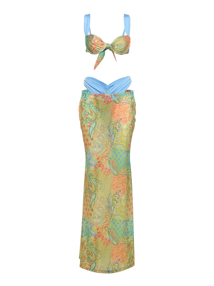 Colorful Print Bra Skirt Set