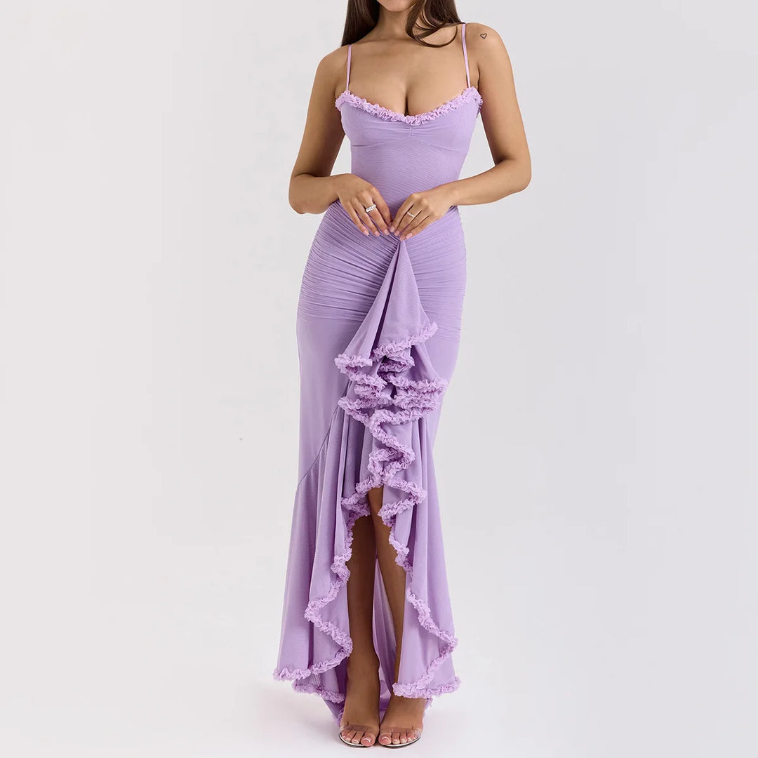 Elegant Sheer Mesh Ruffled Gown