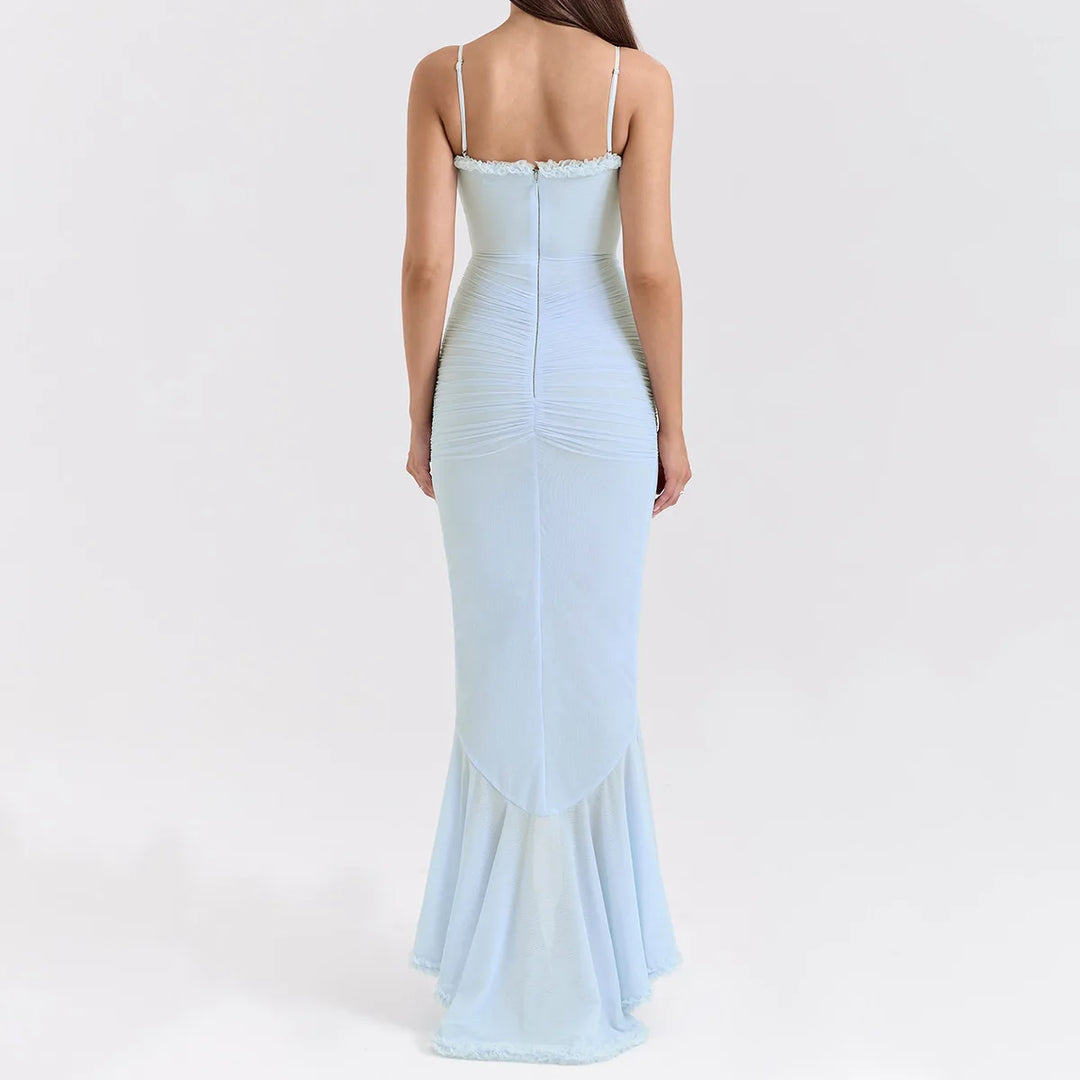 Elegant Sheer Mesh Ruffled Gown