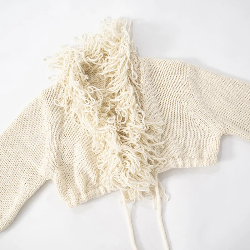 French Knit Sexy Set Tie Cardigan Long Sleeve Navel Top