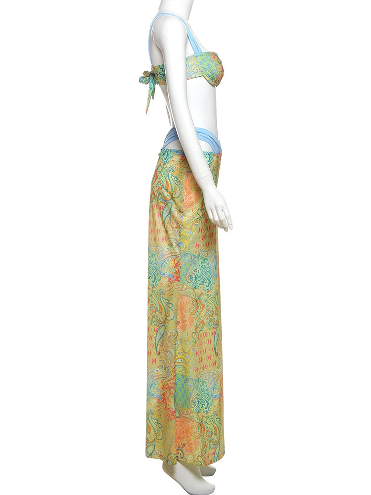 Colorful Print Bra Skirt Set