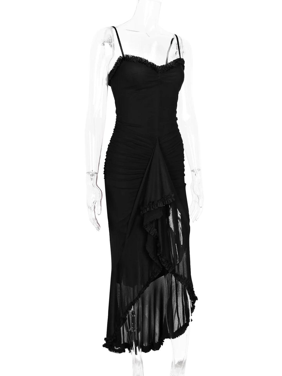 Elegant Sheer Mesh Ruffled Gown