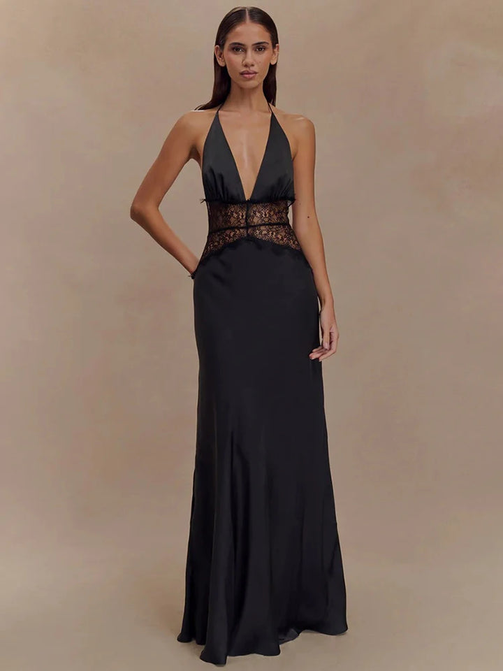 Lace Halter Backless Maxi Dress
