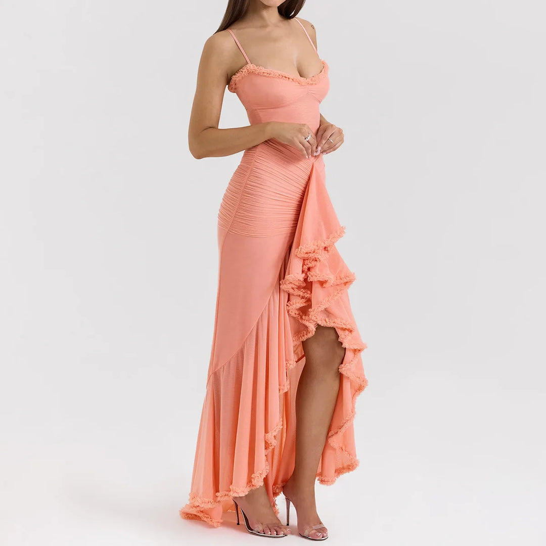 Elegant Sheer Mesh Ruffled Gown