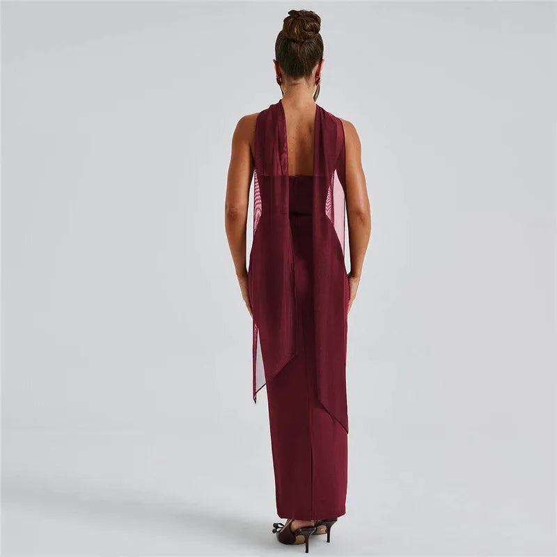 Strapless Backless Burgundy Maxi Dress