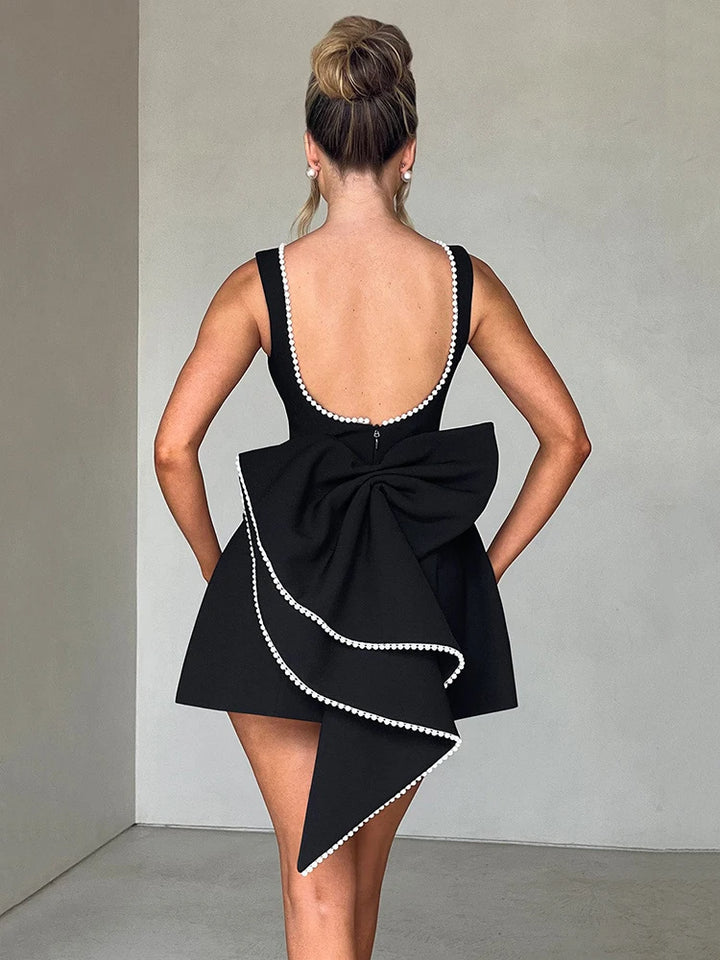 Backless Pearl Bow Mini Dress