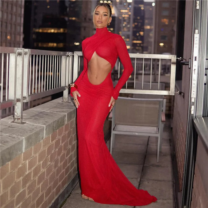 Elegant Red Cut Out Maxi Dress