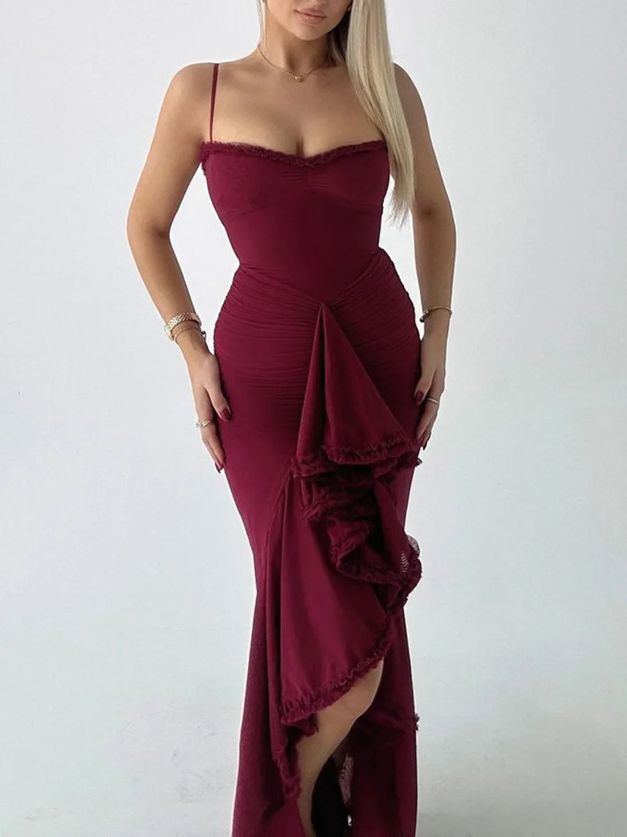 Elegant Sheer Mesh Ruffled Gown