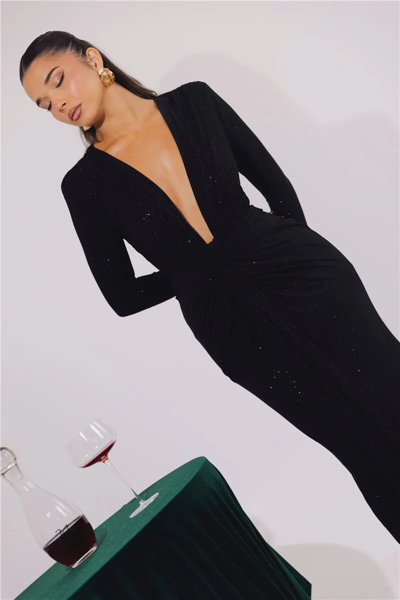 Glitter Deep V Maxi Dress