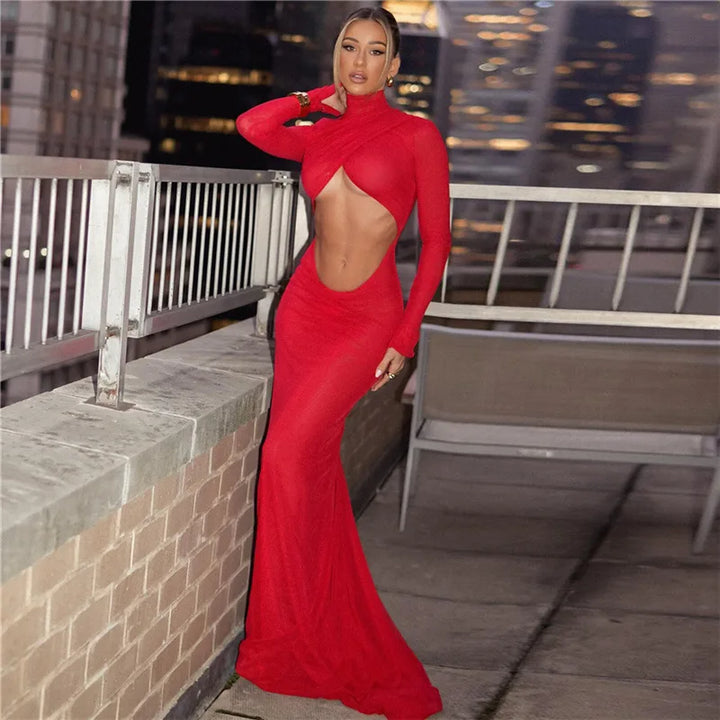 Elegant Red Cut Out Maxi Dress