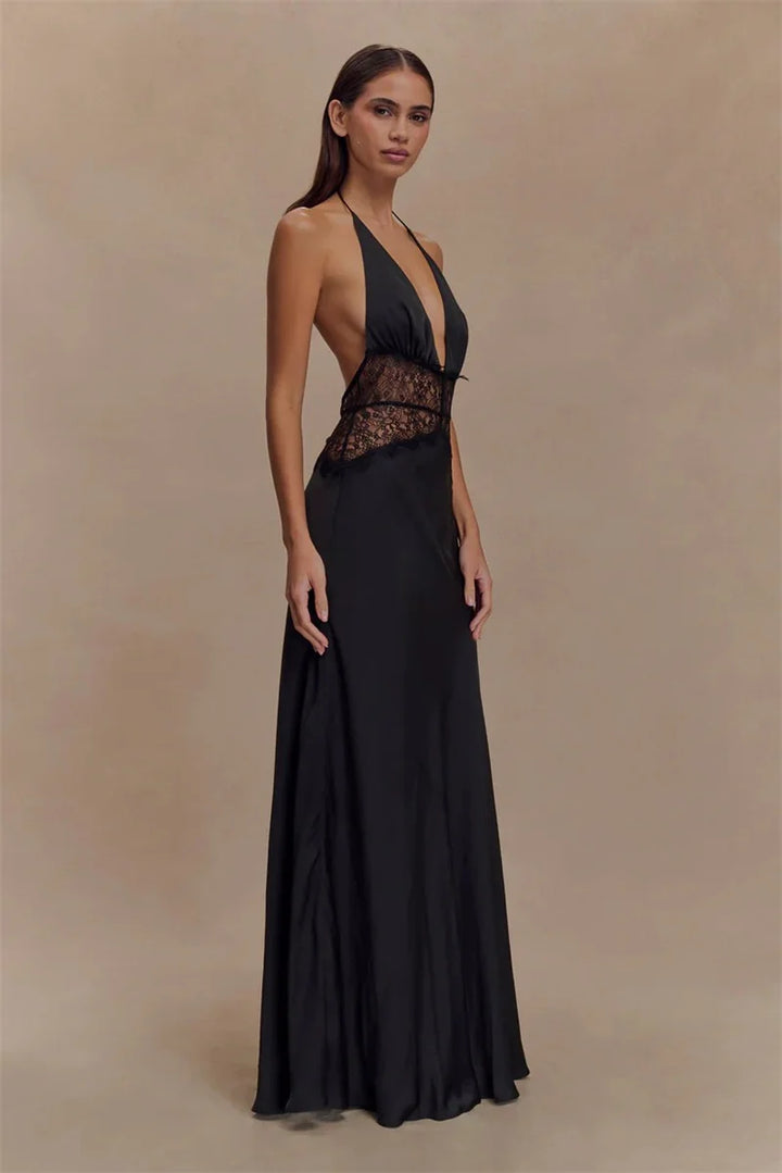 Lace Halter Backless Maxi Dress
