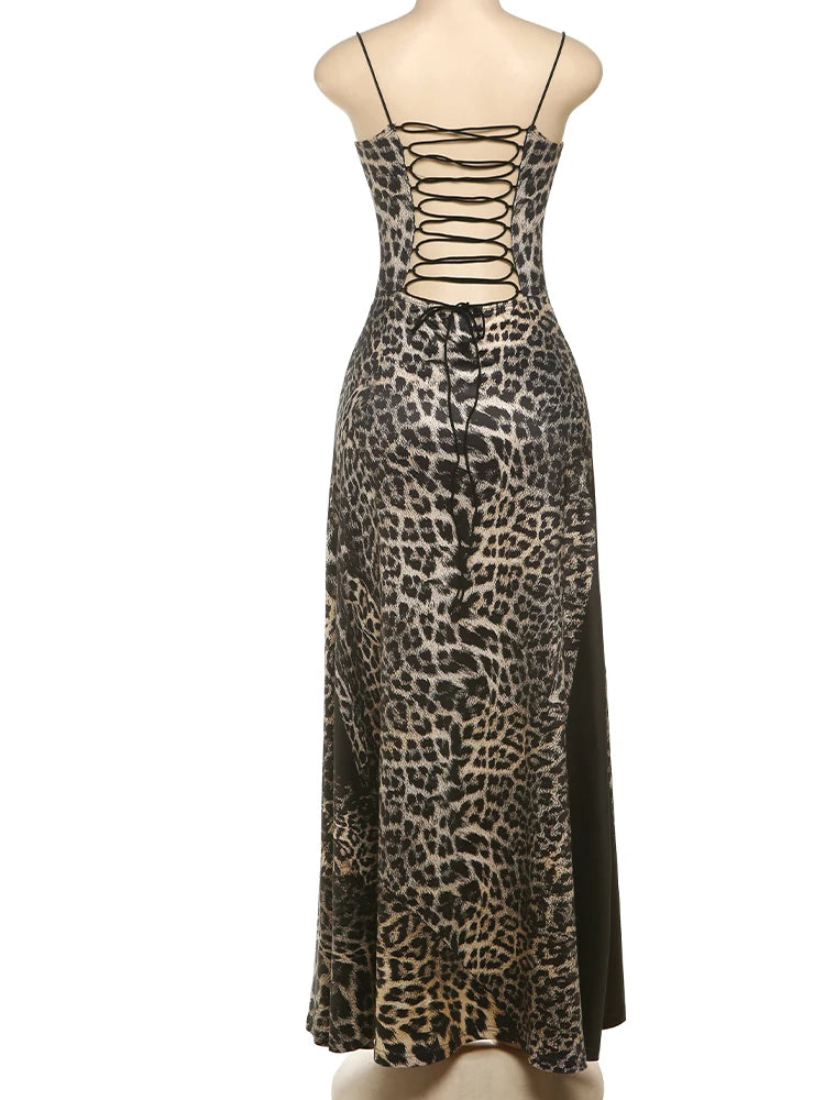Leopard Draped Backless Maxi Dress