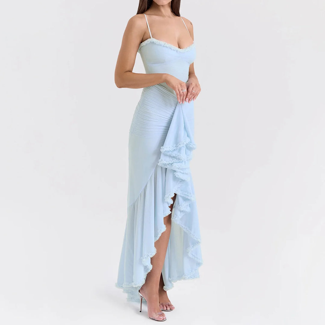Elegant Sheer Mesh Ruffled Gown
