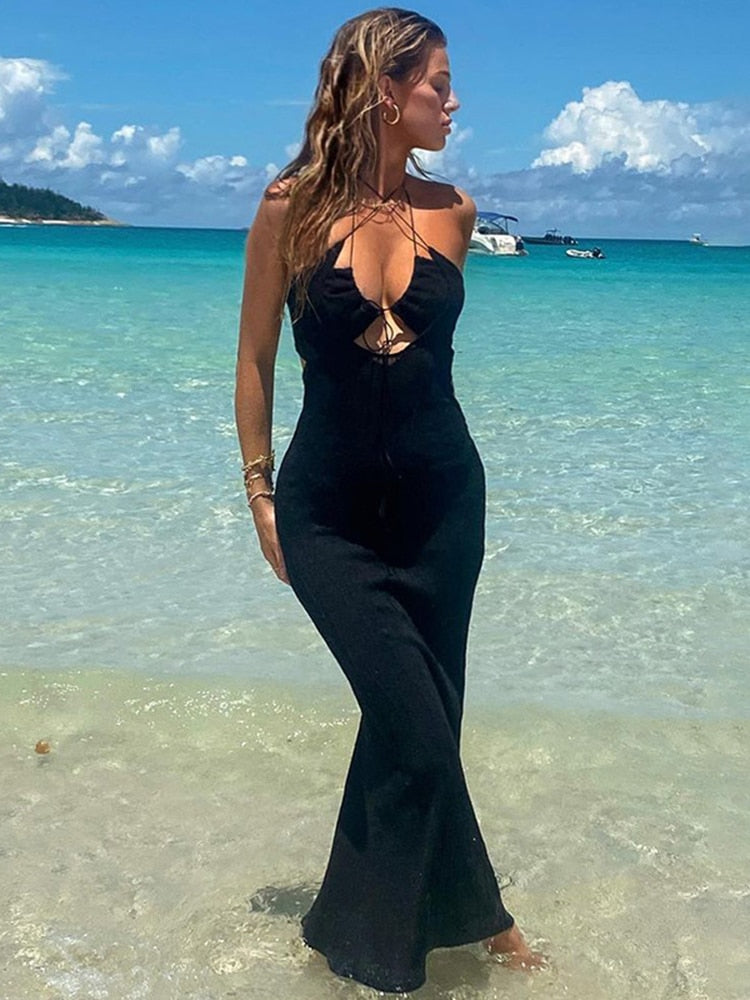 Halter Sexy Backless Cut Out Tie Up Maxi Dress