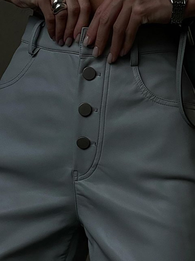 Fashion White PU Leather High Rise Pants