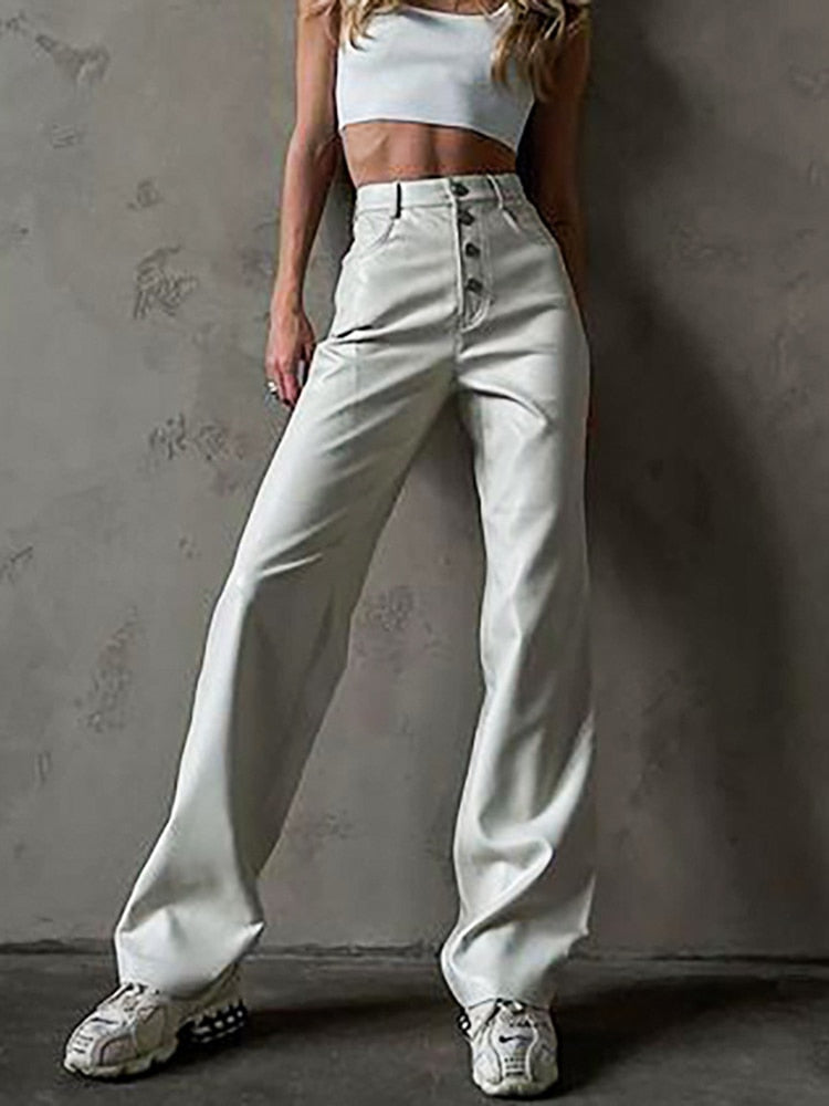 Fashion White PU Leather High Rise Pants