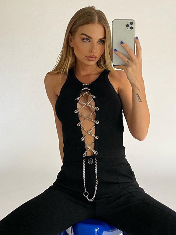 Sleeveless Lace Up Chain White Crop
